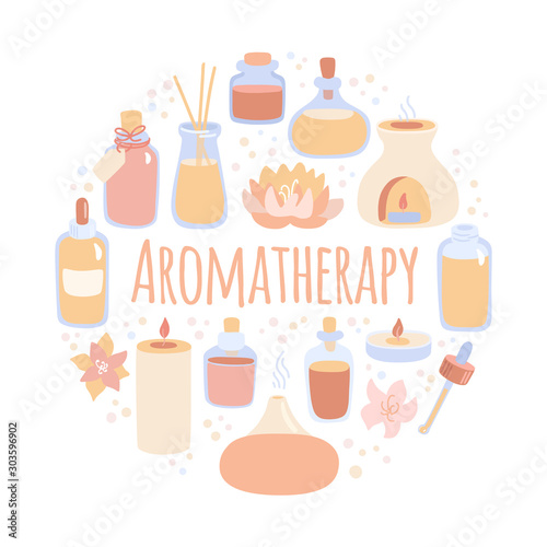 Vector illustration Aromatherapy. Cute doodle aroma lamps, essential oil bottles and candles. Hand drawn flat elements in circle composition. Ayurveda, spa, wellness and body care card design. 