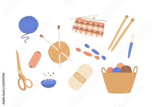 Yarn and threads colorful flat vector illustrations set. Skein of wool, knitting needles, yarn basket, weaving wool, scissors pack. Needlework, tools for sewing and knitting collection.