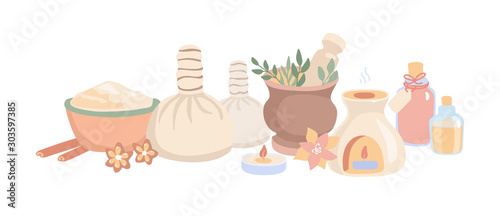 Vector illustration Ayurveda in flat style. Set of hand drawn elements for Ayurvedic massage and Shirodhara treatment. Horizontal banner and background design on Spa, Wellness, Body Care theme.
