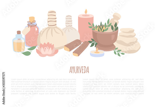 Vector illustration Ayurveda in trendy flat style. Set of elements for Ayurvedic massage and Aromatherapy. Horizontal banner and flyer design with place for your text on Spa, Wellness, Body Care theme