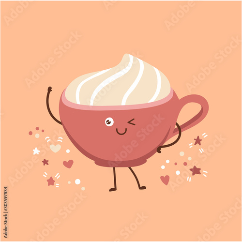 Cute vector illustration of a pink cup with delicious hot beverage with whipped cream. Lovely smiling and blinking character in the trendy kawaii style. Coffee, tea and cocoa design.