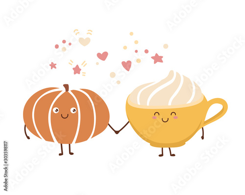 Cute vector illustration Pumpkin spice latte in kawaii style. Autumn vegetable hot beverage with whipped cream. Lovely smiling and blinking characters for Fall coffee card design.