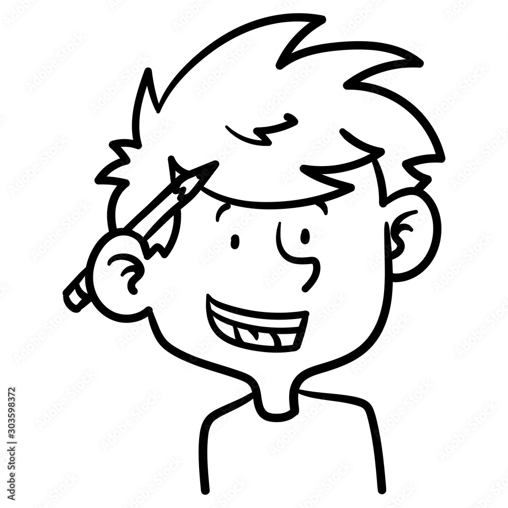 Cartoon drawing of a laughing boy with a fuzzy head and a pencil behind his  ear. outline, monochrome, teacher, student. Векторный объект Stock | Adobe  Stock