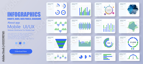 Modern infographic vector template with statistics graphs and finance charts. Detailed infographics. UI, UX, KIT, GUI elements(Charts, infographics, bars, data panels, diagrams, Admin) Design template