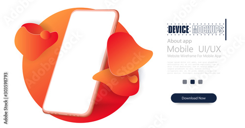 Smartphone frame less blank screen. Mockup generic device. Orange smartphone template. 3D brush spats for poster design or flyer background, banner template. Geometric shapes with dynamic colors. 