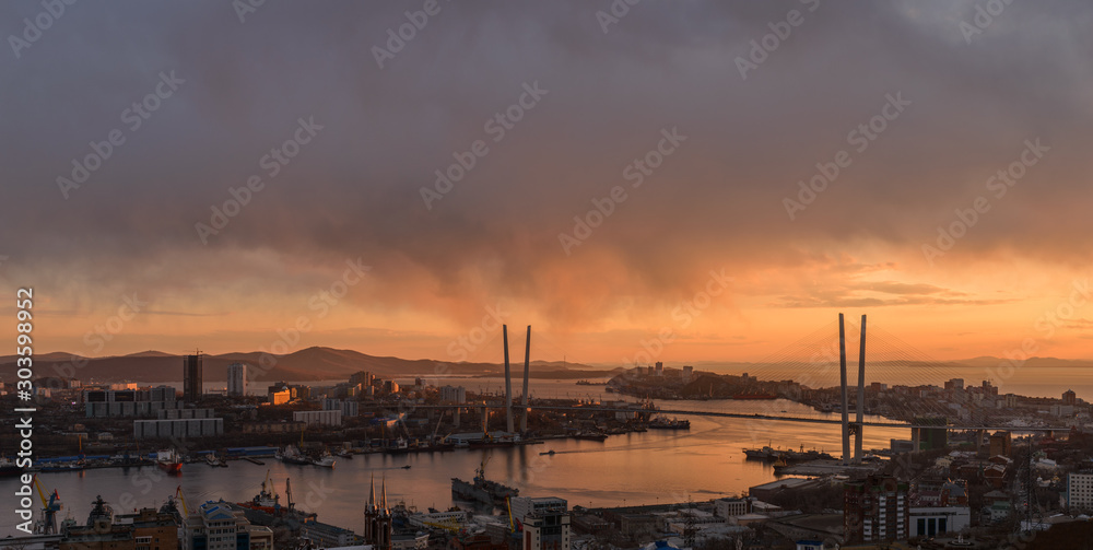 Vladivostok cityscape, sunset view.