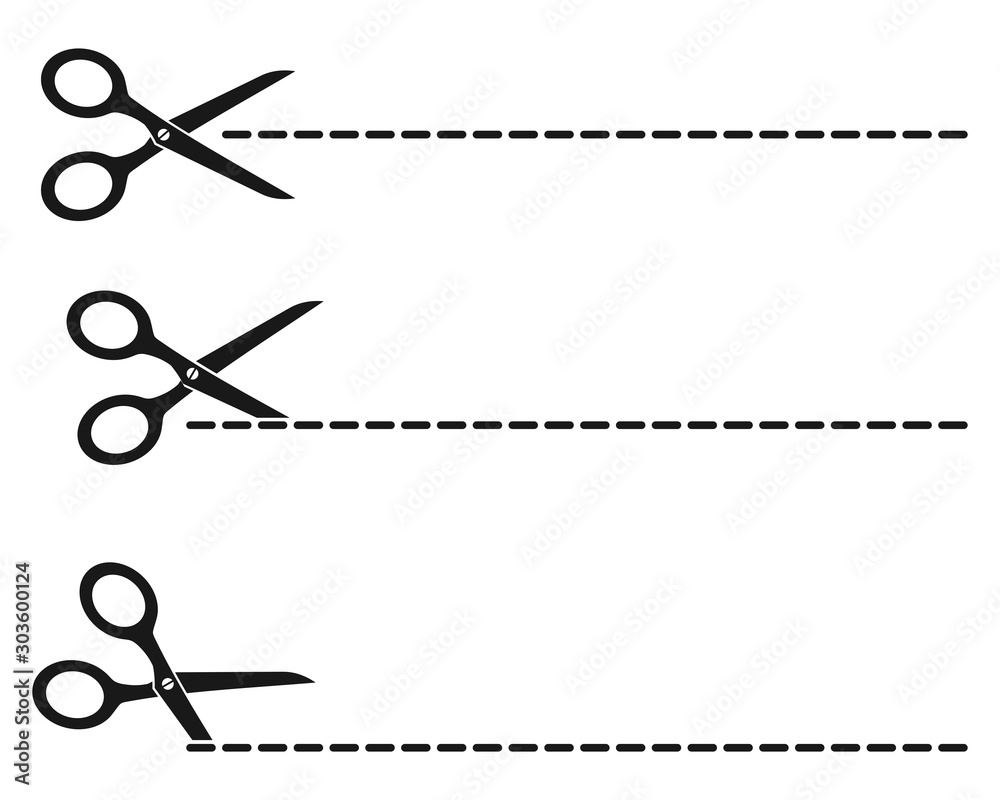 scissors icon set with cut line on white background scissors icon set with cut line on white background