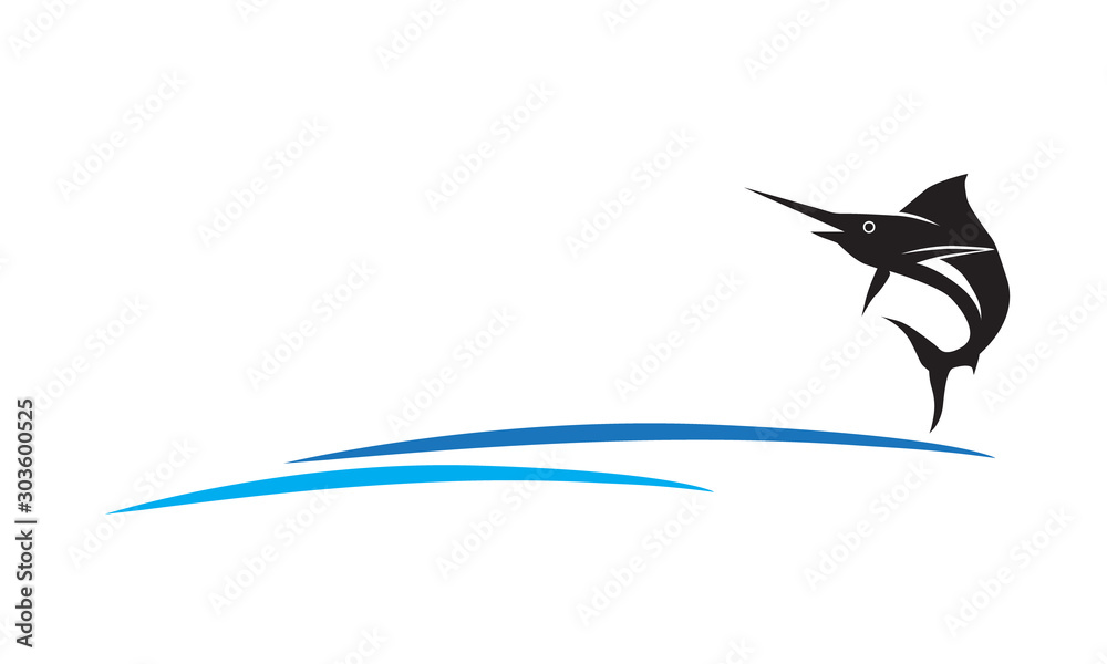 Fototapeta premium Vector of swordfish jump logo with wave in the ocean template. Vector and illustration design.