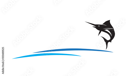 Vector of swordfish jump logo with wave in the ocean template. Vector and illustration design.