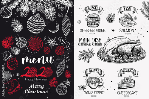 Christmas menu. Hand drawn illustration. Sketch illustration.  Vector.