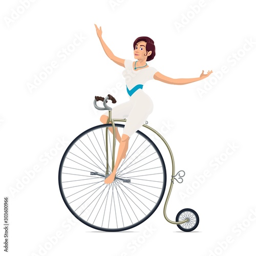 Girl acrobat on bicycle. Circus carnival show