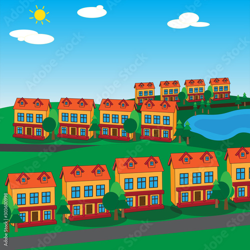 Fototapeta Naklejka Na Ścianę i Meble -  Drawn cartoon city on a sunny day. Streets with houses and trees in the yard, a children's city with a lake.