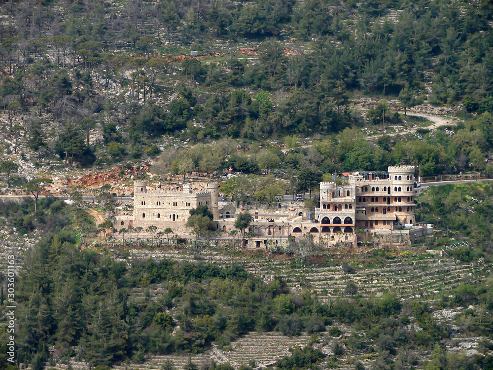 DEIR EL QAMAR, LEBANON - MAY 20, 2009: View of the walls of the Moussa Castle, built single-handedly in 60 years by Moussa Abdel Karim Al-Maamari, a Lebanese visionary.