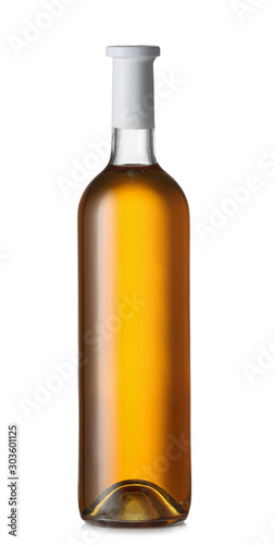 Bottle of tasty wine on white background