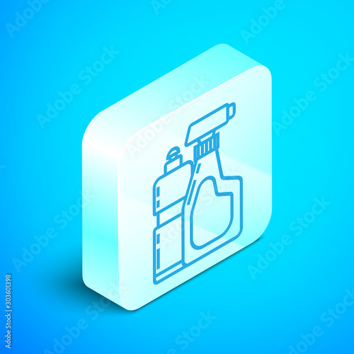 Isometric line Plastic bottles for liquid laundry detergent, bleach, dishwashing liquid or another cleaning agent icon isolated on blue background. Silver square button. Vector Illustration