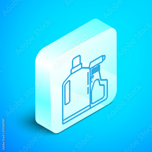 Isometric line Plastic bottles for liquid laundry detergent, bleach, dishwashing liquid or another cleaning agent icon isolated on blue background. Silver square button. Vector Illustration