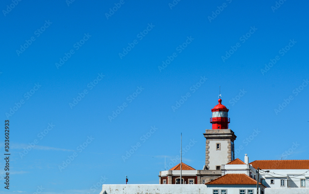 Lighthouse against blue clear sky landscape, Cape Roca, Portugal