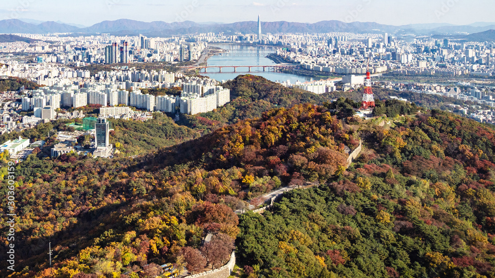 panoramic view of Seoul city with Hangang River