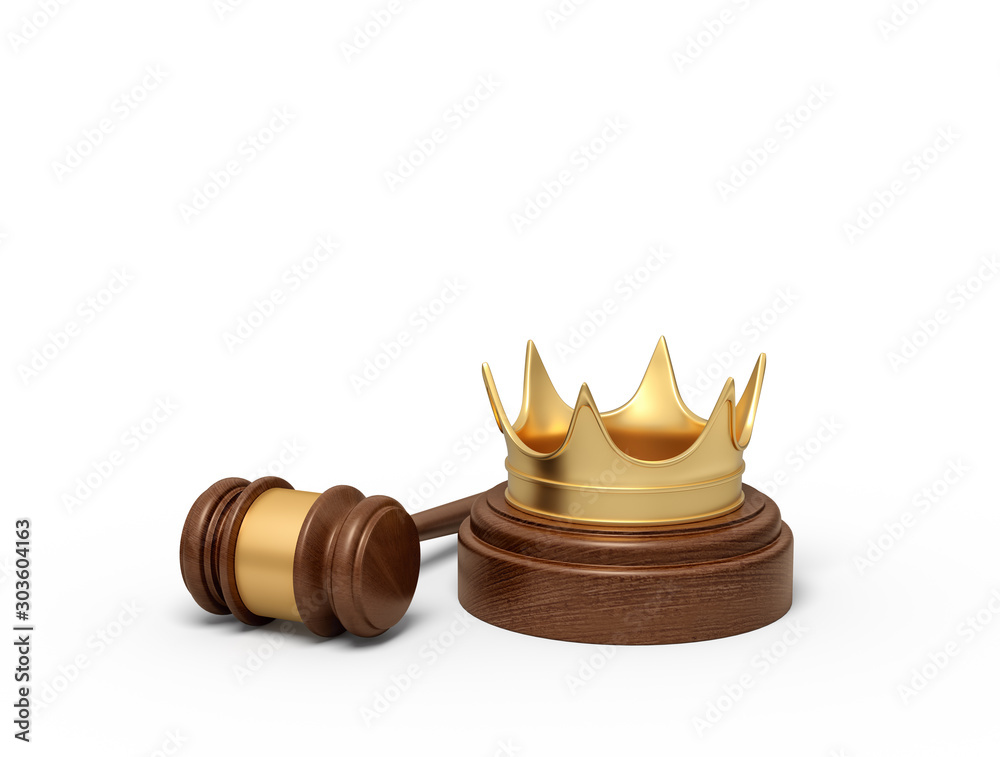 Φωτογραφία 3d rendering of golden crown on round wooden block and brown wooden gavel