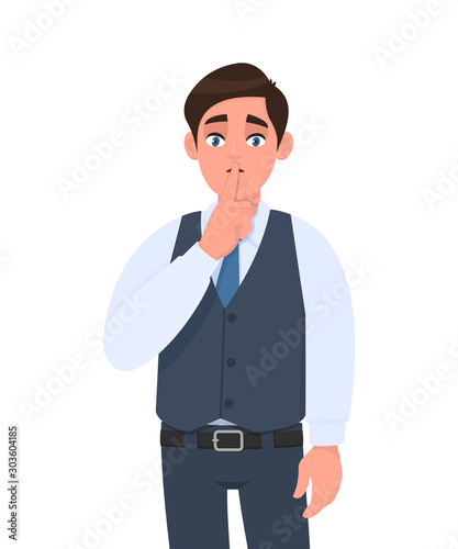 Young man in formal waistcoat asking silence. Sh! Keep quiet. Silence please! Male character design illustration. Human emotions, facial expressions, modern lifestyle, concept in vector cartoon.