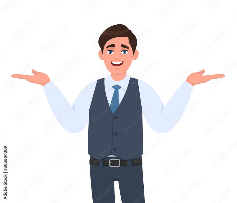 Young businessman presenting hands gesture to copy space. Person introducing something. Male character design illustration. Modern lifestyle, human emotions, facial expressions concept in vector. Young businessman presenting hands gesture to copy space. Person introducing something. Male character design illustration. Modern lifestyle, human emotions, facial expressions concept in vector.