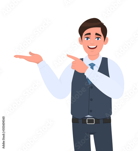 Young businessman presenting hand gesture to copy space and pointing  index finger. Person introducing something. Male character design illustration. Modern lifestyle, concept in vector cartoon style.