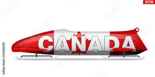 Bob sleighs with Canada flag and text. Bobsleigh Sport Country Symbol. Side view. National team for Bobsled and Skeleton. Vector Illustration isolated on white background.