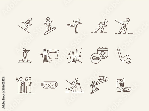 Snowsport thin line icon set