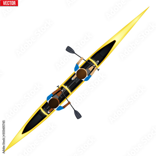 Double canoe and paddlersTop view of Equipment whitewater sprint canoeing. Vector Illustration isolated on white background.