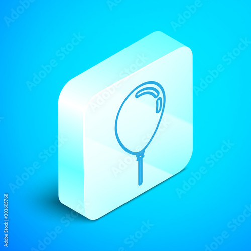 Isometric line Balloon with ribbon icon isolated on blue background. Silver square button. Vector Illustration