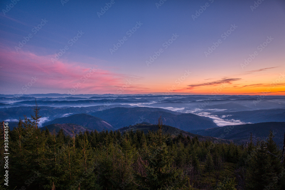 blue hour in karst spruce mountains with fog, czech, beskydy,