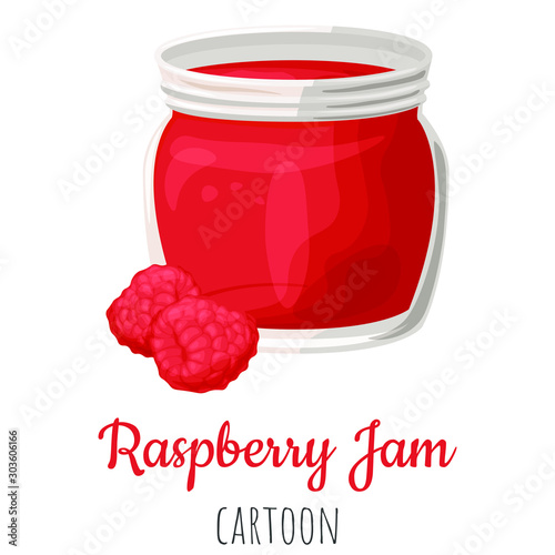 Raspberry fruit jam in a jar isolated close-up illustration, cartoon colorful clip-art.