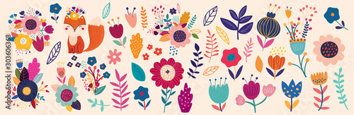 Vector collection with flowers and leaves. Spring art print with botanical elements