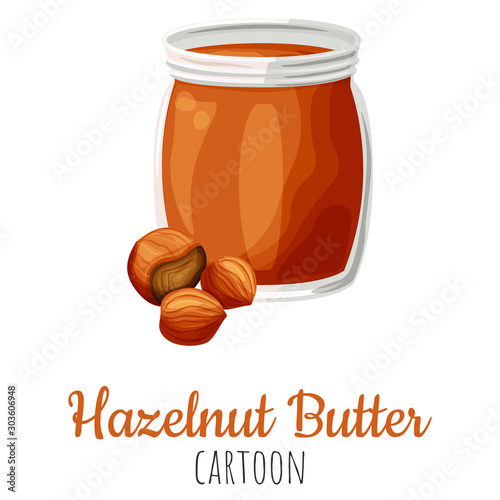 Hazelnut butter spread vector illustration, cartoon isolated colorful nut butter in a jar.