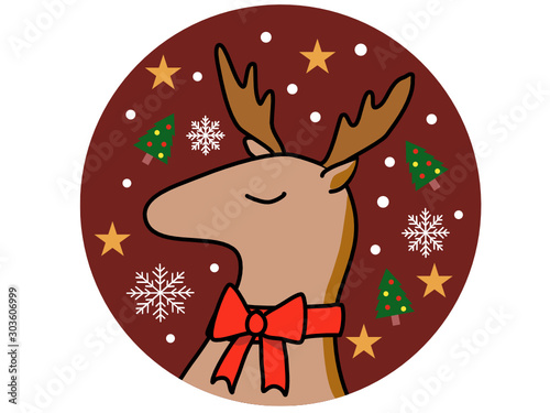 christmas reindeerin red background circle decorated with christmas tree snowflax star can be use as printed object or sticker photo