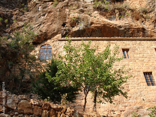 KADISHA VALLEY,LEBANON - CIRCA OCTOBER, 2009 -The monastery of Mar Elisha is perched on the cliff. Kadisha Valley, Lebanon photo