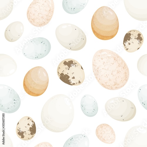 Eggs in shell seamless pattern. Different birds reproductive cells, avian gametes. Diet products, healthy nutrition items, protein sources, delicatessen. Chicken, pigeon, goose, turkey eggs.