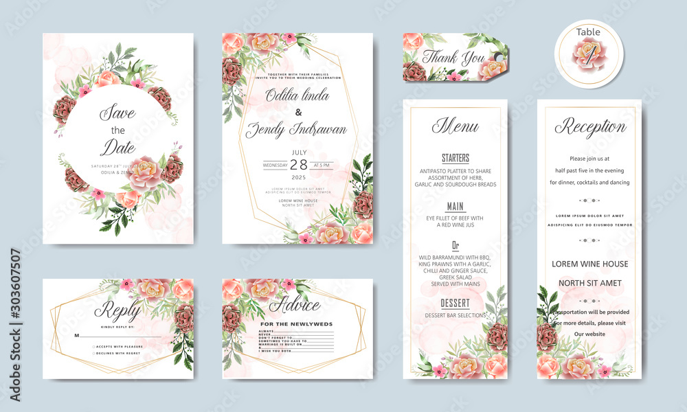 wedding invitation card with beautiful flowers and leaves