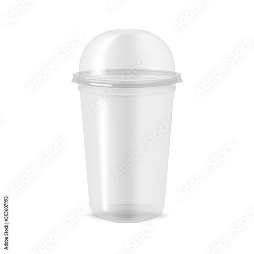 Clear empty plastic cup with dome lid, realistic mockup. Disposable transparent takeaway drink container isolated on white background, vector template