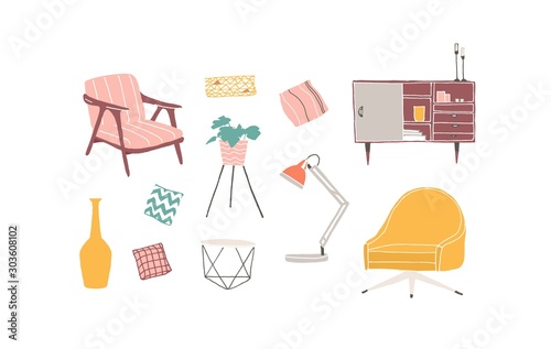 Furniture pieces hand drawn vector illustrations set. Home interior design elements. Trendy living room furniture, armchair, floor lamp, bookshelf and houseplants isolated on white.