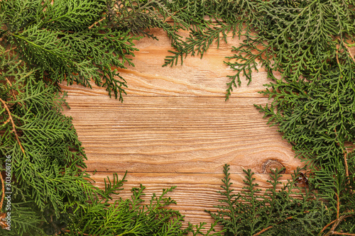 Green coniferous branches on wooden background