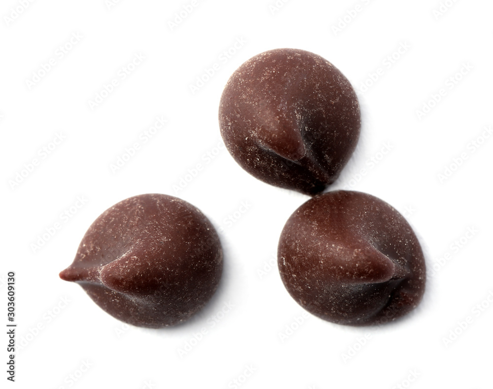 Delicious dark chocolate chips isolated on white Delicious dark chocolate chips isolated on white