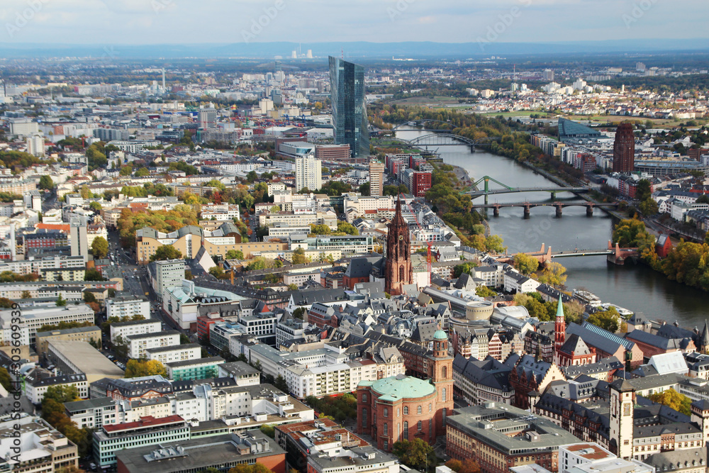 Obraz premium Panoramic view from observation point from Main Tower to Frankfurt and suburbans, Germany 