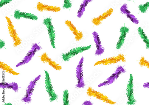 Seamless pattern with feathers in Mardi Gras colors.