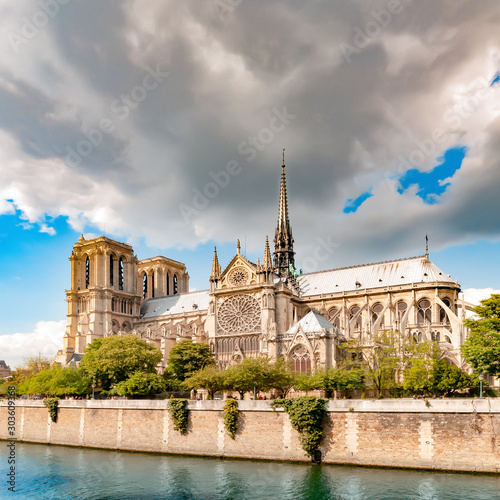 Notre Dame de Paris cathedral. French gothic architecture autumn time