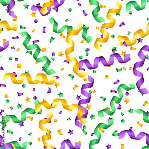 Seamless pattern with serpentine in Mardi Gras colors.
