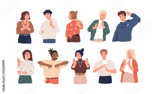 Negative gestures flat vector illustrations set. Finger language, non verbal communication. People disagree and rejection signs isolated pack on white background. Sign language, emotions expression.