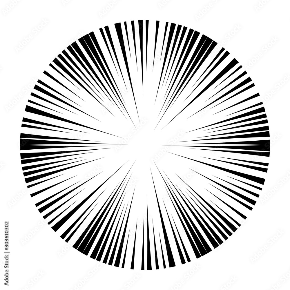 Comic book black and white radial lines background. Manga speed frame.Superhero action. Explosion vector illustration.