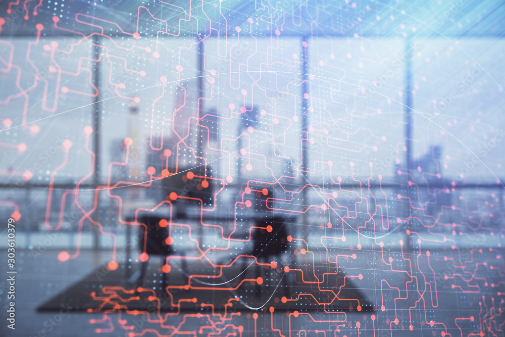 Fotografie Tech theme abstract hologram and minimalistic cabinet interior background