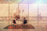 Tech theme abstract hologram and minimalistic cabinet interior background. Double exposure. High technology concept.